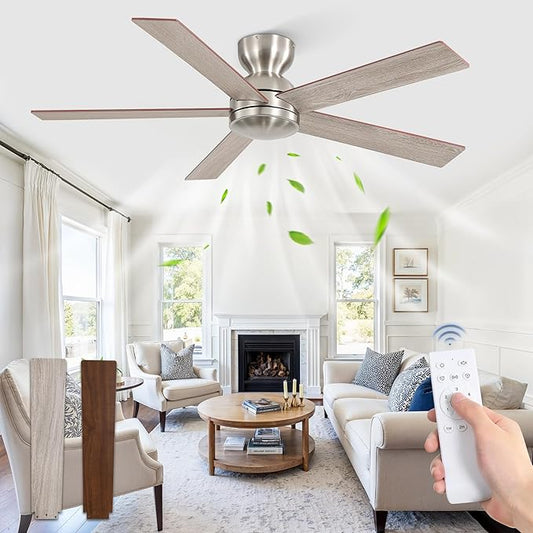 48 Inch Flush Mount Ceiling Fans without Lights, Brushed Nickel Modern Ceiling Fan no Lights, 6-Speeds, Quiet Reversible DC Motor, Indoor/Outdoor Ceiling Fans for Patios, Living Room, Bedroom