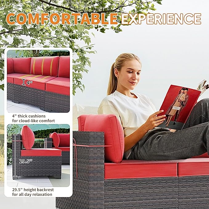 Gotland 8 Pieces Patio Furniture Set with Fire Pit Table, All Weather Rattan Outdoor Furniture with 29.5'' High Backrest 4’’ Thick Cushions Coffee Table, Outdoor Sectional for Porch, Deck, Red