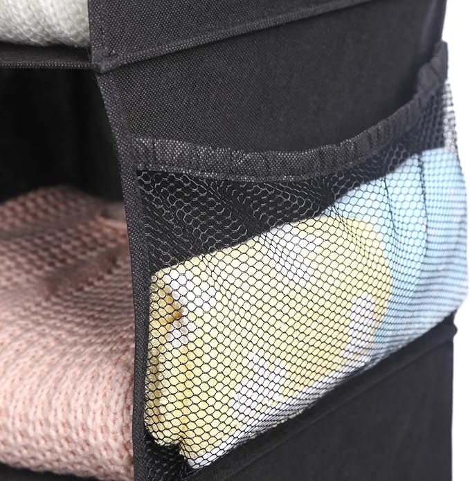 MAX Houser 4-Shelf Hanging Closet Organizer, Space Saver, Cloth Hanging Shelves with 2 Side Pockets, Foldable (Black)