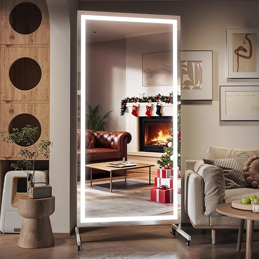 Hasipu Home Gym Mirror with Light 360° Swivel on Wheels, 71" x 36" Extra Large Full Length Rolling LED Mirror for Yoga Studio, Bedroom, Dancing Studio, White