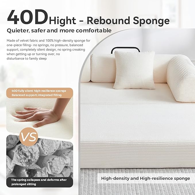 Convertible Folding Mattress Couch, 5-in-1 Futon Sofa with Armrests, Sleeper Mattress Sofa Bed Comfy Fold Out Bed for Living Room, Bedroom, Lounge,Guest, Office (Beige White)