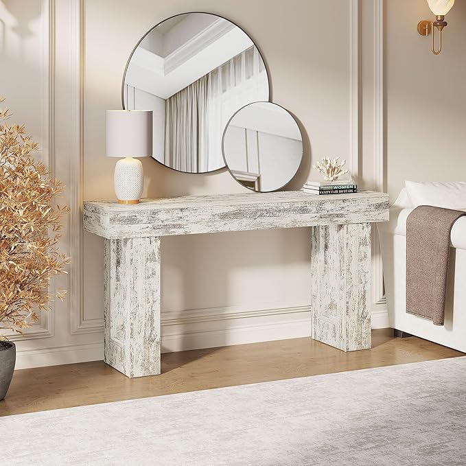 Tribesigns 63-Inch Long Console Table, Farmhouse Wooden Sofa Table Behind The Couch, Narrow Entryway Table for Entrance, Hallway, Living Room (Distressed White)