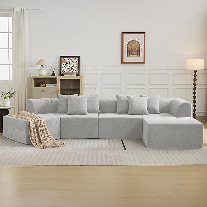 140''Oversized Cloud Velvet Curved Sectional Couch, Boneless Couch with L-Shape Chaise, Upholstered Compression Memory Foam Modular Sectional Sofa for Living Room, No Assembly Required, Grey