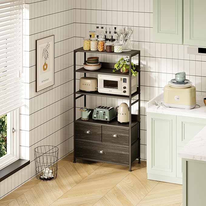 6 Tier Bookshelf, 47-Inch Small Bookcase with 3 Fabric Storage Drawers, Wood and Metal Book Shelf Storage Organizer, Industrial Display Standing Shelf Unit for Bedroom, Living Room, Black