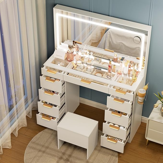 Pamapic Glass Top Vanity Desk with Mirror and Lights, 11 Drawers Makeup Vanity with Charging Station and Chair, Golden Handles Dressing Table, 3 Lighting Modes Makeup Table, White
