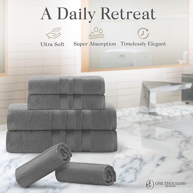 Premium Staple Cotton Bathroom Towel Set - Gray 600 GSM 6-Piece Luxury Bath Towel Set 3 Stripe - 2 Bath Towels, 2 Hand Towels & 2 Washclothes Set - High Absorbent & Quick Dry for Gym, Spa, Hotel