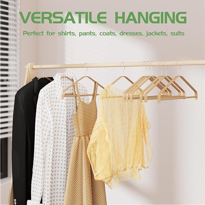 Bamboo Wood Hangers 50 Packs, Coat Hangers, Clothes Hangers with 360-Degree Rotatable Hook, Heavy Duty, Non Slip Suit Hangers for Clothes, Jacket, Shirt, Tank Top, Pant (Bamboo, 50 PCS)
