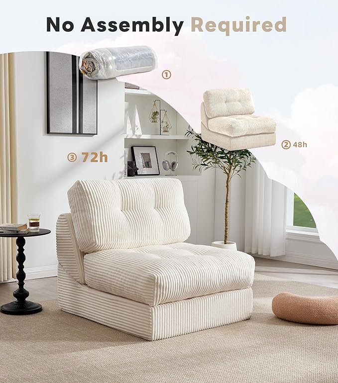 Tbfit 35.8‘’ Oversized Folding Sofa Bed, Convertible Sleeper Chair with Adjustable Back, Corduroy Folding Couch Bed, Portable & Foldable Mattress Boneless Floor Sofa for Living Room, Bedroom, White