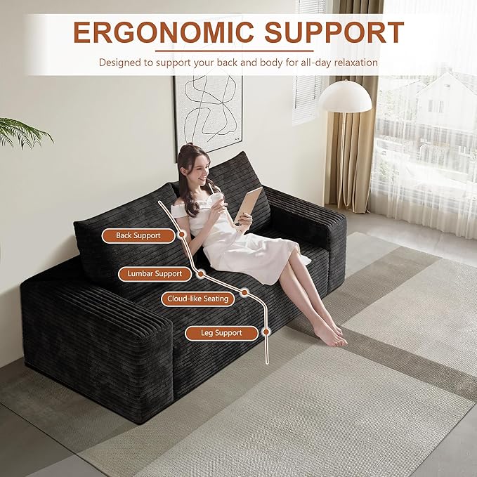 63" Corduroy Loveseat Sofa, 2-Seater Cloud Couch, Boneless Couch in a Box, Comfy Deep Seat Sofa with Memory Foam, Pillows and Wide Armrests, Modern Small Couches for Small Spaces, No Assembly (Black)