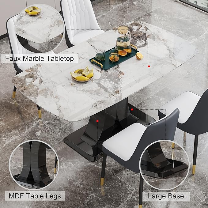 Modern Dining Table Set for 4, Marble Kitchen Table Chair Set for 4, Rectangular Kitchen Table with 4 Pu Leather Upholstered Chair for Dining Room (Brown-C, White Table Set for 4)