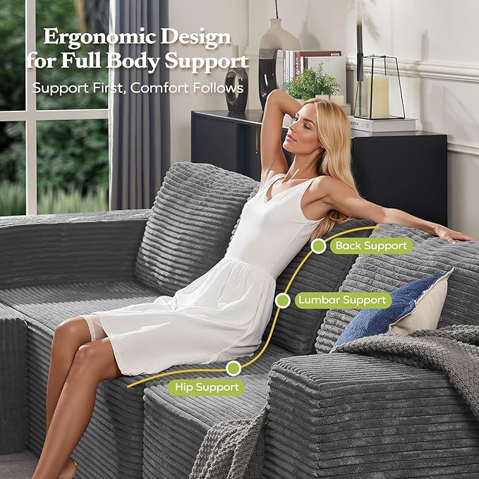 Loveseat Sofa, Cloud Modular Sofa Couch, Upholstered Floor Sofa with Deep Seat, Upholstered Foam Couch for Bedroom Living Room, No Assembly Required (Plush Corduroy Fabric, Grey)