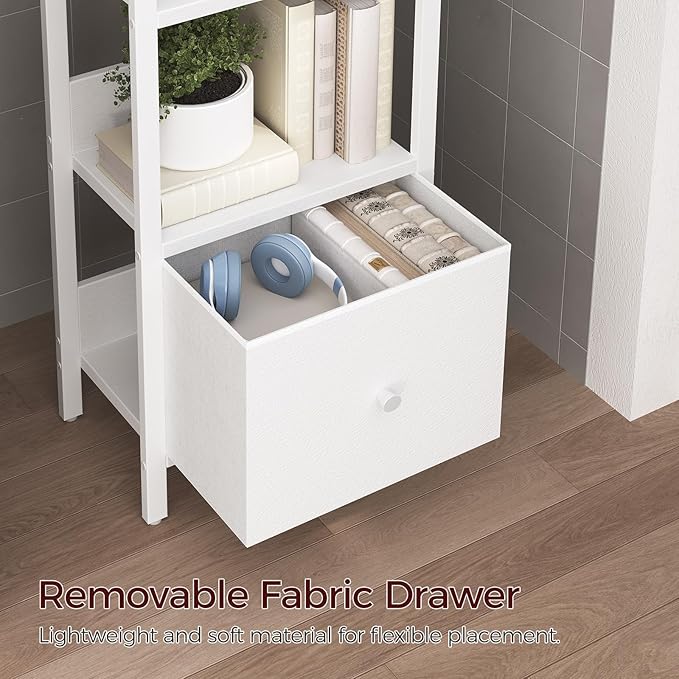 Bookshelf, 5-Tier Bookcase with Drawer, Small Book Shelf for Small Space, Storage Shelf Organizer, for Living Room, Bedroom, Study, Kitchen, White BKWT55101