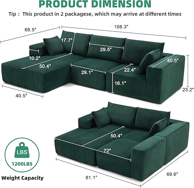 108” Modular Sectional Sofa, Cloud Sectional Couch with Deep Seat, Modern Modular L-Shape Sofa Couch with Chaise,Upholstered Boneless Couches for Living Room Bedroom (Green, Left Facing Chaise)