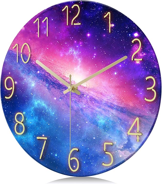 Lafocuse 12 Inch Silent Purple Wall Clocks Battery Operated for Bedroom, Cool Space Galaxy Analog Clock for Living Room Decor, Glass