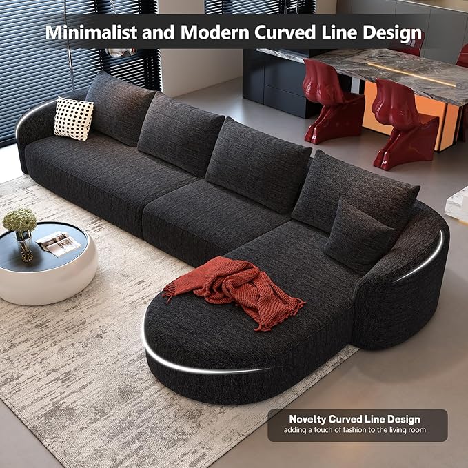 138.6" Modular Sectional Couches Luxury Modern Curved Back Sofa,Minimalist Comfy L-Shape Boneless Cloud Couch for Living Room Apartment,(Right Facing Chaise,Black)