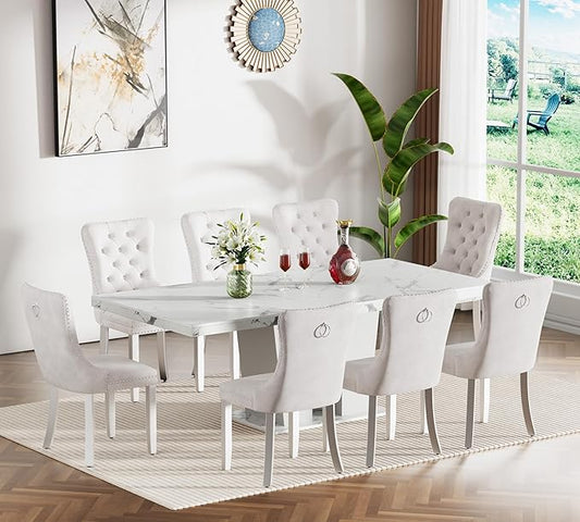 9-Piece Extendable Dining Table Set for 6-8 People 63-78 Inch Kitchen Table Set with 8 Beige Upholstered Chairs Modern White Faux Marble Rectangular Dining Room Table Set for Kitchen Apartment