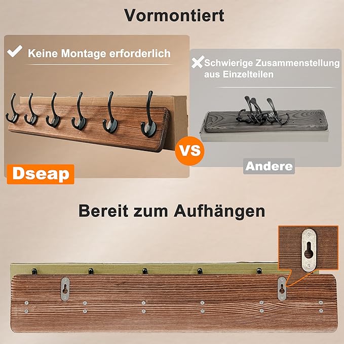 Dseap Coat Rack Wall Mount: 24" Long, Patented, Heavy-Duty, 6-Double-Hooks Wooden Hanger Hook Rail for Winter Coats Hat Jacket Clothing, Weathered Brown