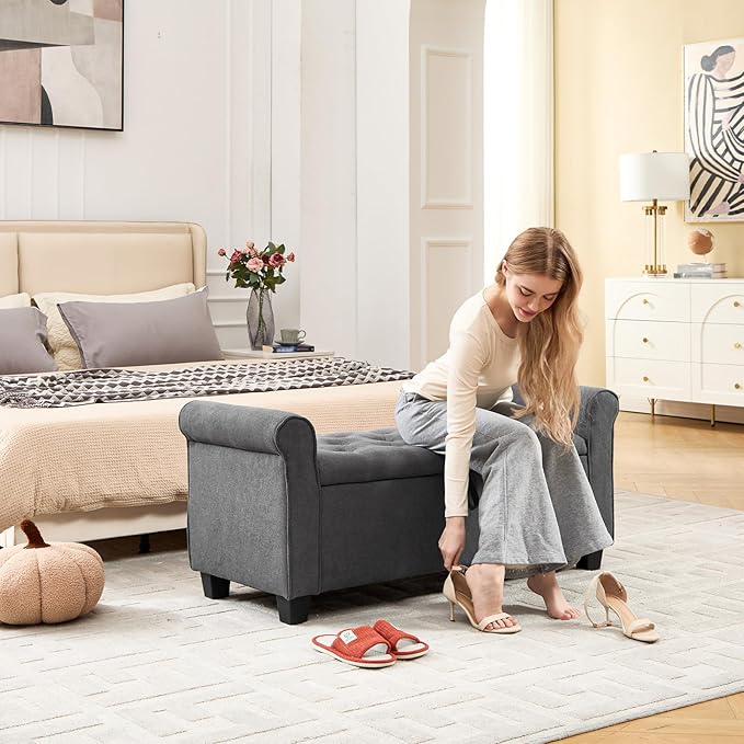 End of Bed Storage Bench for Bedroom, 49" Upholstered Storage Ottoman with Rolled Arms, Rivet Polyester Fabric Ottoman Bench for Bedroom, Living Room, Window, Entryway, Dark Gray