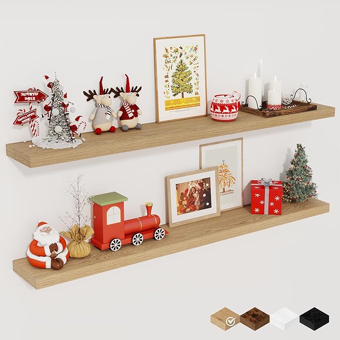 Fun Memories 48 Inch Floating Shelves for Wall, Set of 2 – Rustic Wood Wall-Mounted Shelves with Invisible Brackets for Bedroom, Bathroom, Kitchen – Storage, Books, or Decor, Oak