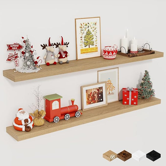 Fun Memories 48 Inch Floating Shelves for Wall, Set of 2 – Rustic Wood Wall-Mounted Shelves with Invisible Brackets for Bedroom, Bathroom, Kitchen – Storage, Books, or Decor, Oak