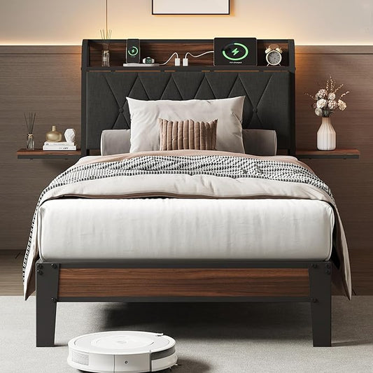 WLIVE Twin Size Upholstered Bed Frame with 2 Side Shelves, Linen Tufted Storage Headboard with Charging Ports and LED Light, Metal Solid and Stable, No Box Spring Needed, Easy Assembly, Brown