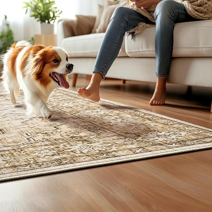 Natural Beige Area Rugs 5x7 Indoor Vintage Trellis Living Room Rug Washable Low Pile Soft Faux Fur Non Slip Sound Absorbing Tan Boho Floral Carpet Rugs for Bedroom Office Patio Dining Room Bathroom