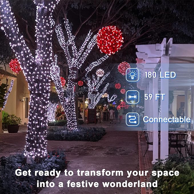 180 LED 59ft Christmas String Lights Indoor Outdoor, 8 Modes Christmas Fairy Lights with Timer & Momory, IP44 Waterproof Christmas Tree Lights for Xmas Patio Yard Fence Balcony Garden (Cool White)