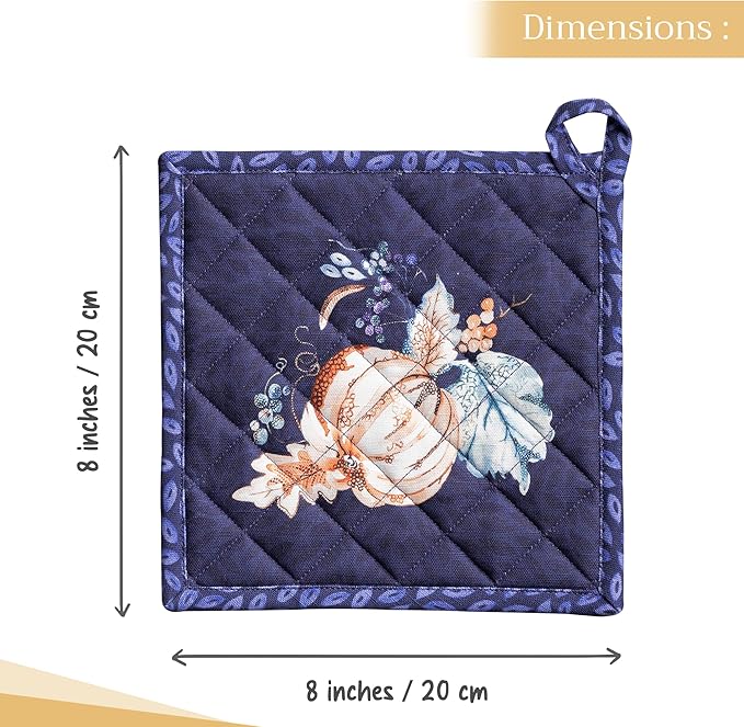 Maison d' Hermine Pot Holders 100% Cotton Heat Resistant Potholders 8" x 8" Hot Pads with Loop for Thanksgiving Christmas Decorations BBQ Cooking Baking Handling Hot Pans (Pack of 1, Pumpkin Blues)