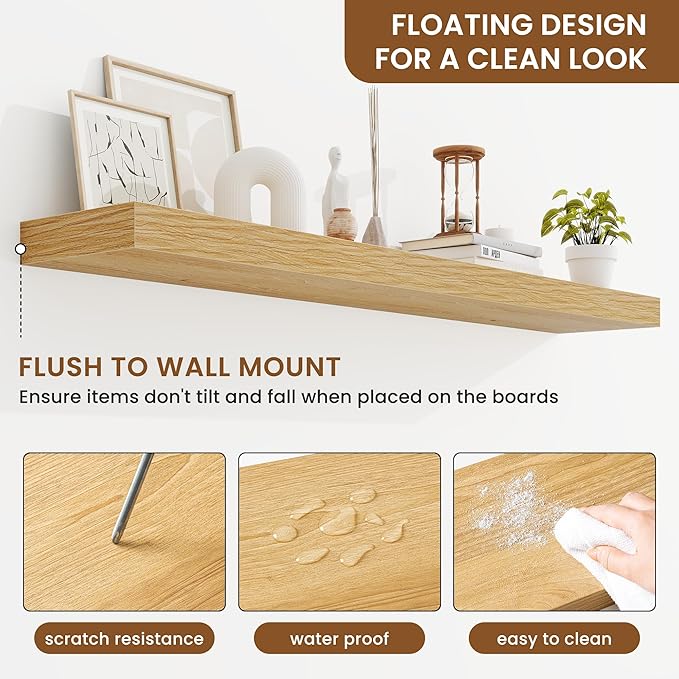 fuqing Floating Shelves for Wall, Wall Mounted Wood Floating Shelf with Invisible Brackets for Living Room, Bathroom, Bedroom, Kitchen Storage and Decor, 48 Inch Set of 2, Oak