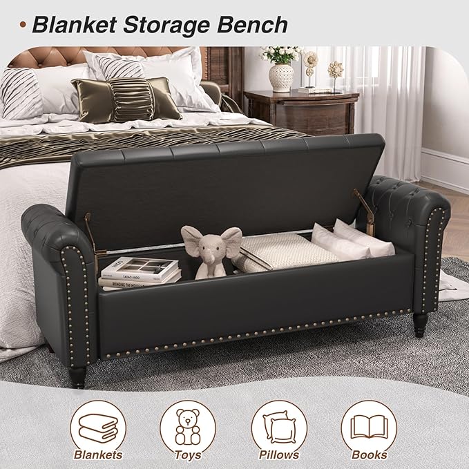 65 Inch Bedroom Bench, End of Bed Bench with Storage, Bed Benches for Foot of Bed, Faux Leather Window Bench with Tufted Button and Nailhead Trim, Upholstered Storage Bench with Rolled Arms, Black