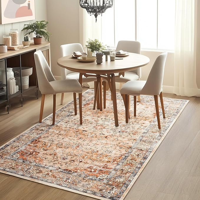 Boho Area Rugs 6x9 Machine Washable Living Room Rug Non Slip with Rubber Backing Soft Faux Fur Low Pile Stain Resistant Vintage Floral Carpet Rugs for Bedroom Dining Room Kids Room Office,Orange