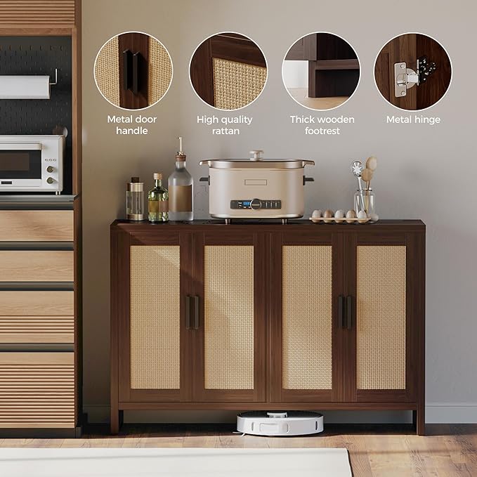 Mericonia Rattan Buffet Cabinet with Storage, Sideboard Cabinet with Doors and Adjustable Shelves, Farmhouse Coffee Bar Station Table, Modern Wood Cupboard for Kitchen, Livingroom, Walnut