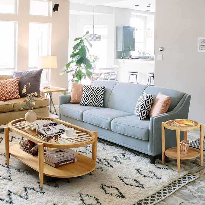 RUSTOWN Rattan Coffee Tables,2-Tier Oval Boho Cocktail Tables, Mid Century Modern Coffee Table with Rattan & Tempered Glass Top and Wood Legs, Sofa Table for Living Room(Natural)