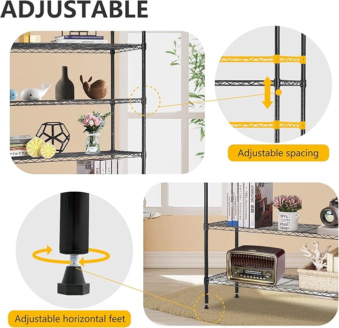 BestOffice | 6-Tier Wire Storage Shelves | 42x16x72 | Black | with Adjustable Racks | Heavy-Duty Metal Shelf, Holds Upto 1500 lbs | No-Tool Assembly | Ideal for Home & Garage Shelving