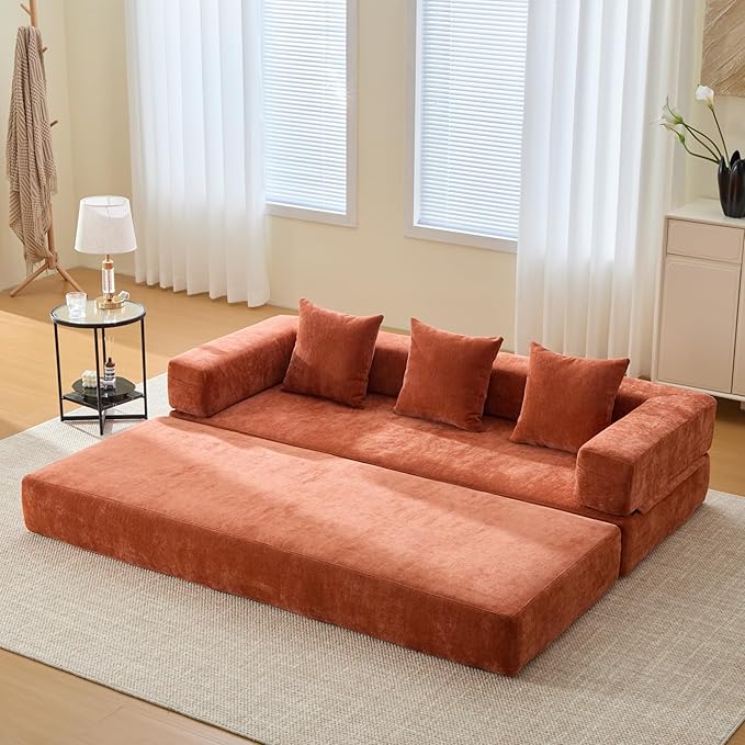 Convertible Floor Sofa Bed with Storage Pocket, Chenille Folding Mattress Sofa with Zipper Closure, Floor Lounge Couch for Living Room, Bedroom, Studio -Burnt Orange