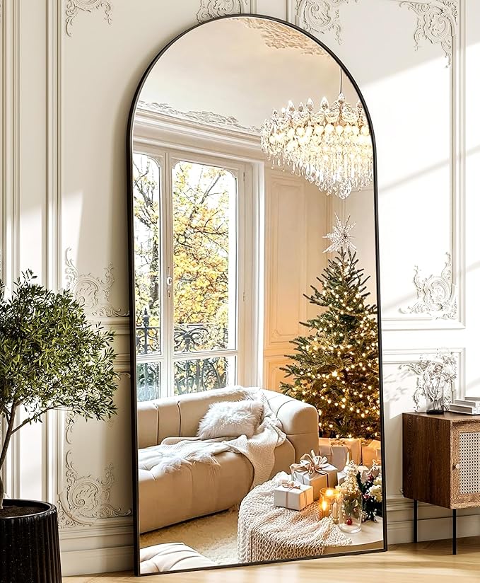 GLSLAND-34x76 inch Wall Mount Arched Full Length Mirror-Aluminum Alloy Frame High Definition-Full Body Mirror for Bedroom or Living Room,Black