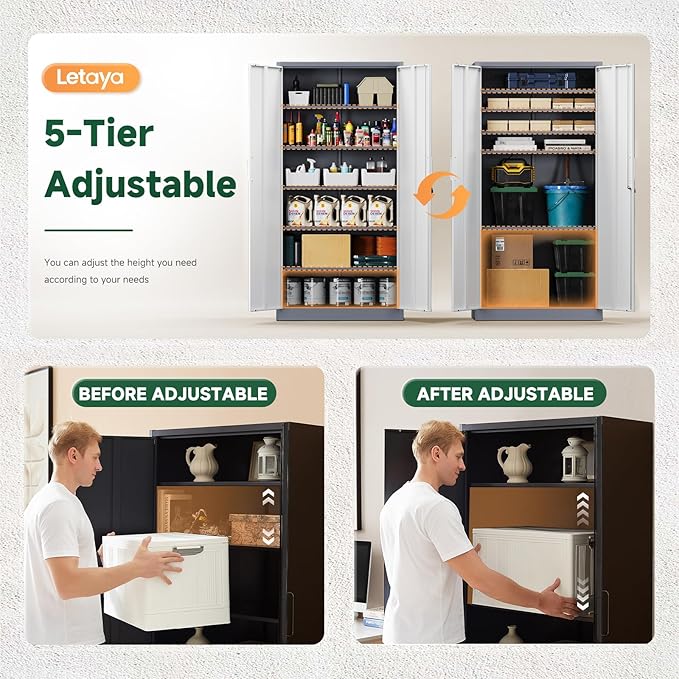 Letaya Metal Storage Cabinet with Lock Door and 5 Shelves,6 Tier Steel Garage Tool Cabinet for Home Office Utility Room 72" H X 36" W X18 D (White Gray)