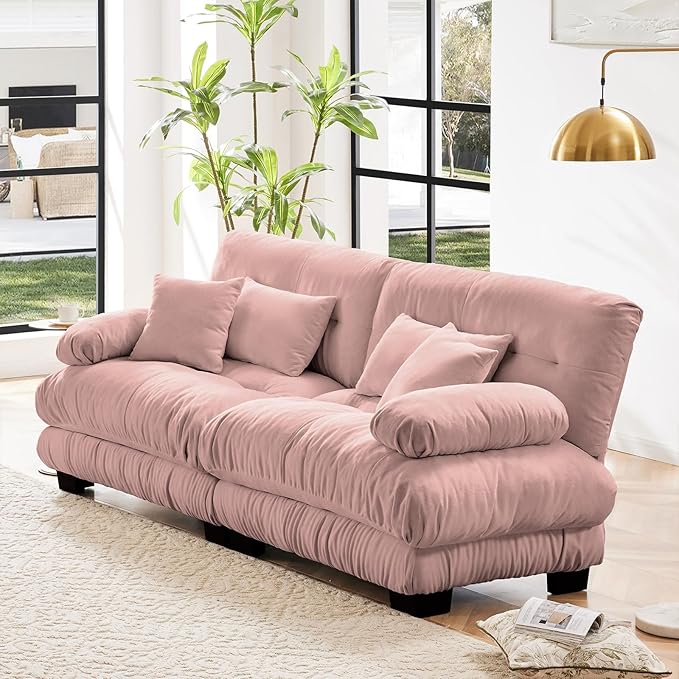 94.4” Loveseat Sofa, 2 Seater Modular Sectional Sofa, Pink Large Sectional Fluffy Couch Set, Chenille Cloud Couch with 4 Pillows, Deep Seat Sofas for Living Room
