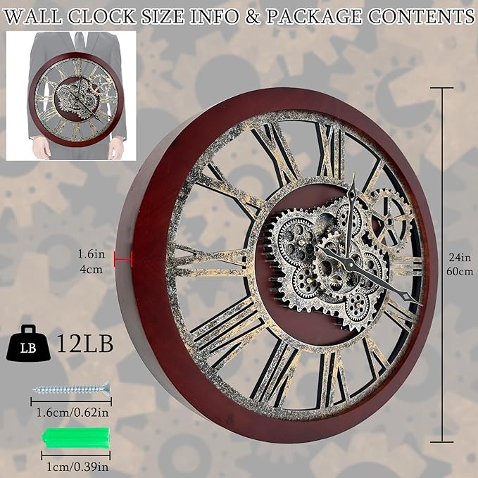 HOIBAI Large Wall Clock, 24 Inch Wall Clocks for Living Room Decor Farmhouse Vintage Rustic Kitchen Wall Decor Vintage Roman Big Oversized Wall Clock for Home Bedroom House Office, Moving Gears Clock
