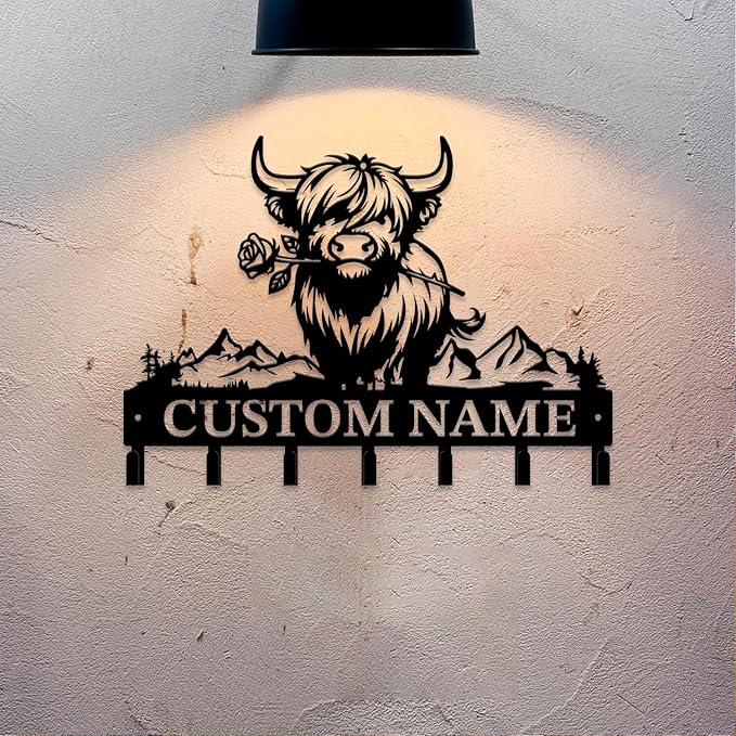 Personalized Highland Cow Metal Keys Hooks,Custom Name Metal Highland Cow Keys Hooks,Black Metal Highland Cow Wall Home Storage Decorative Keys Hooks,Key Holder Hooks for Wall (Style D)