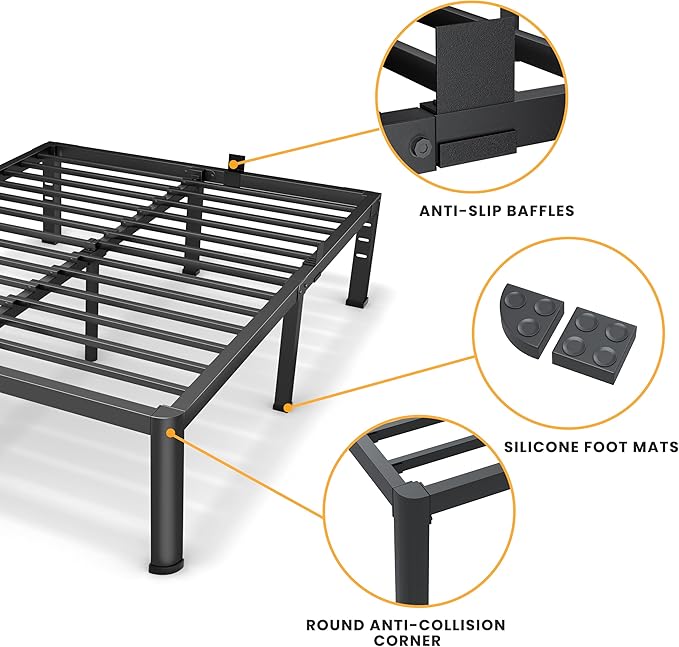 16 Inch Full Size Metal Platform Bed Frame with Round Corners, Storage Space Under High Bed Frame-Heavy Duty Steel Slats Support, Noise Free - Easy Assembly - No Box Spring Needed