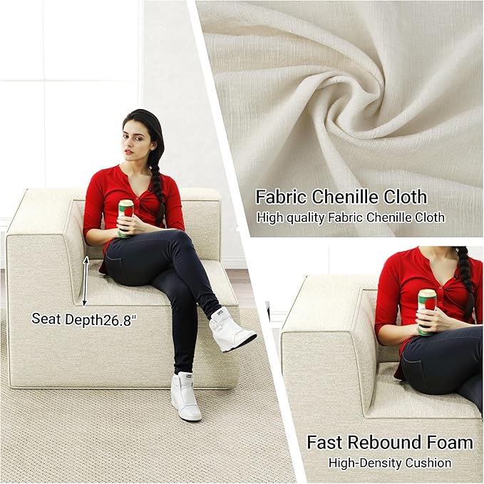 38“ Modular Sectional Sofa Convertible Cube Couch Seat Set, Combine L-Shaped U-Shaped, Free Assembly, Space-Saving for Living Room, Thick Foam Fabric Chenille Beige White (Only Corner)