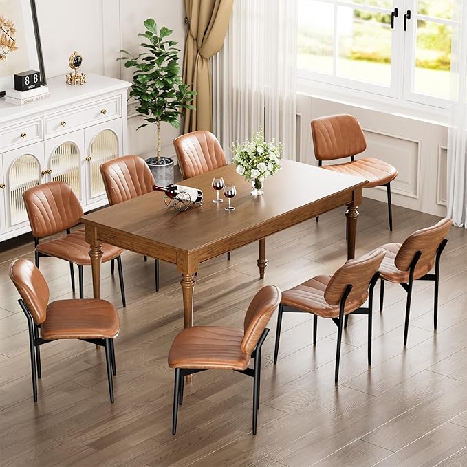 Dining Chairs Set of 4, Dining Room and Kitchen Chairs, Mid Century Modern Accent Chair, Upholstered PU Leather Chairs for Vanity with Walnut Bentwood and Metal Legs, Light Tan