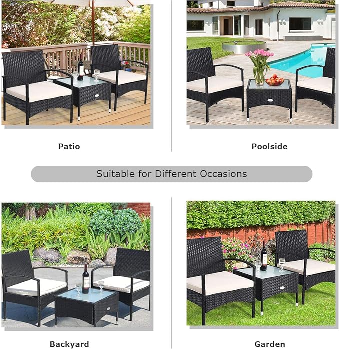 COSTWAY 3 PCS Patio Wicker Conversation Set, PE Rattan Sofa with Tempered Glass Coffee Table, 2 Chairs, 2 Cushions, Outdoor Patio Furniture Set for Yard Porch Bistro Balcony Backyard Pool, White