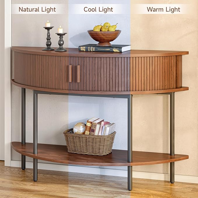 ONBRILL Half Moon Fluted Console Table, Entryway Table with Storage, Mid-Century Modern Sofa Tables, Behind Couch Tables, for Entryway, Hallway, Living Room, Small Spaces, Walnut