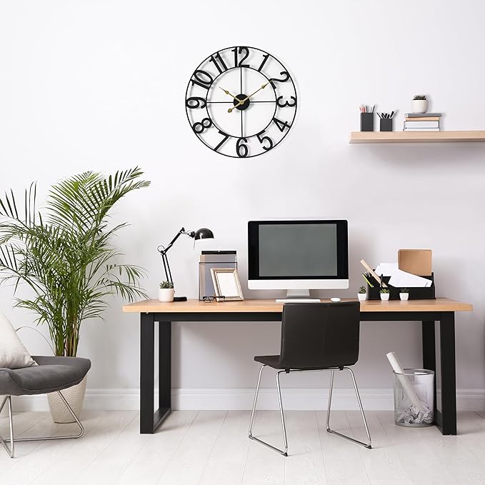 Sorbus 16-Inch Large Wall Clock – Decorative Black Metal Clock with Gold Hands – Silent, Battery Operated, Modern Wall Decor for Living Room, Kitchen, or Office – Great Gift for Housewarming or Office