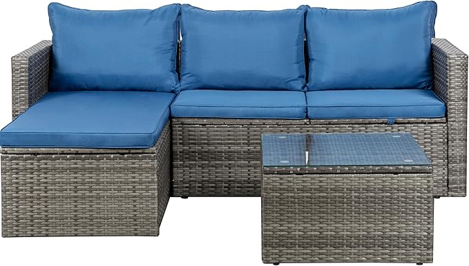 Shintenchi Outdoor Patio Furniture Sets, Small Outdoor Sofa Patio Sectional Sets 3-Piece All Weather Wicker Rattan Patio Seating Sofas with Glass Coffee Table and Cushion (Blue)