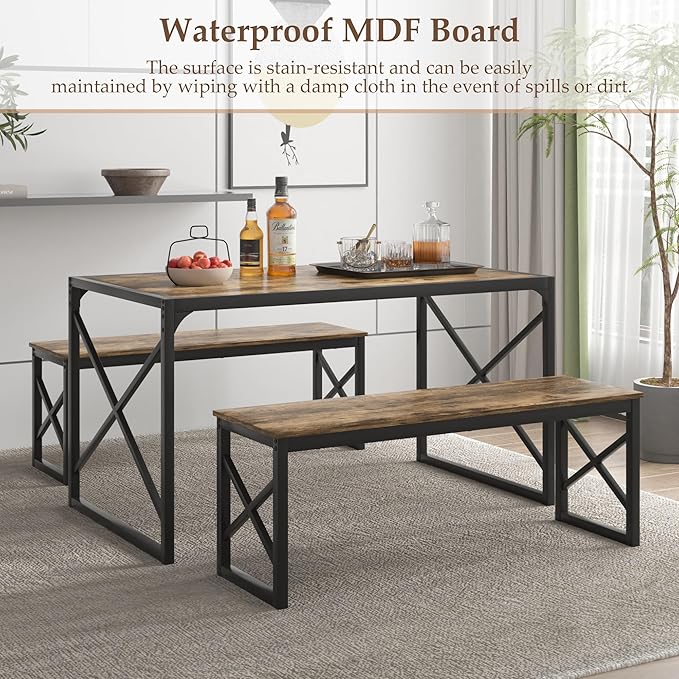 VECELO Kitchen Dining Table Benches Set for 4, 55" Wooden Dinette with 2 Benches, Heavy-Duty Dining Room Table for Small Space, Breakfast Nook, Brown