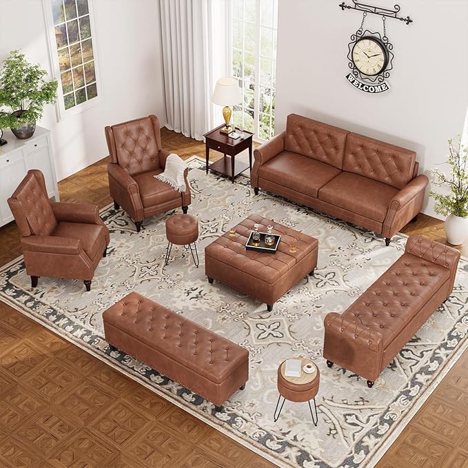 55 Inch Bedroom Storage Bench, Faux Leather End of Bed Bench with Storage, Upholstered Ottoman Foot Rest with Rolled Arms for Bedroom, Living Room, Apartment, Brown