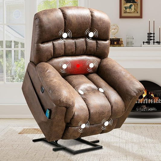 Power Lift Recliner Chair with Massage and Heat for Elderly, Faux Leather Electric Lifting Recliners with USB Port, Overstuffed Wide Reclining Sofa with Side Pockets for Living Room, Brown